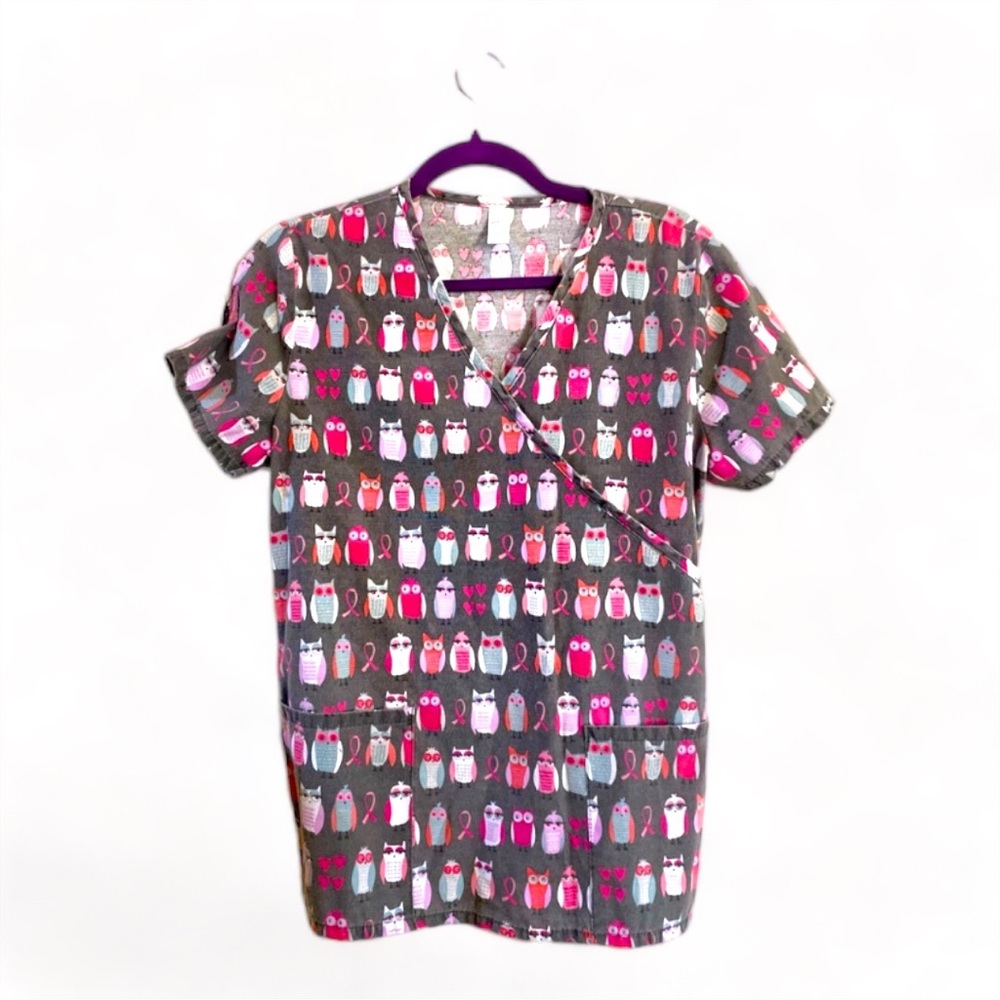 Just Be.. Breast Cancer Awareness with Owls Scrub Top (Ties in Back)- Small